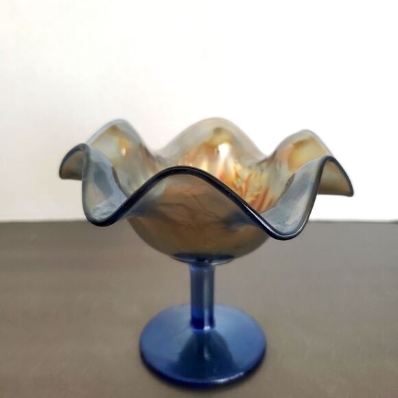 Vintage Fenton Cobalt Carnival Glass Ruffle Compote Rib Holly Footed Jelly Dish - Picture 2 of 8